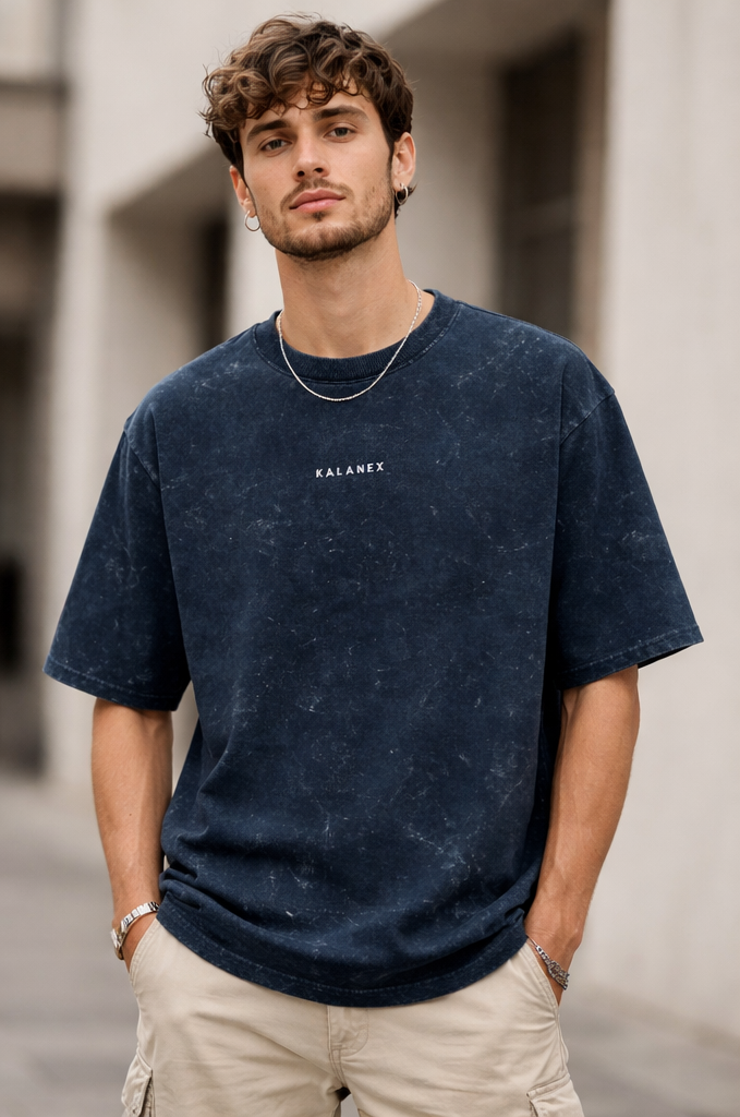 Kalanex Minimal Embroidered Logo Streetwear Blue Oversized Tee