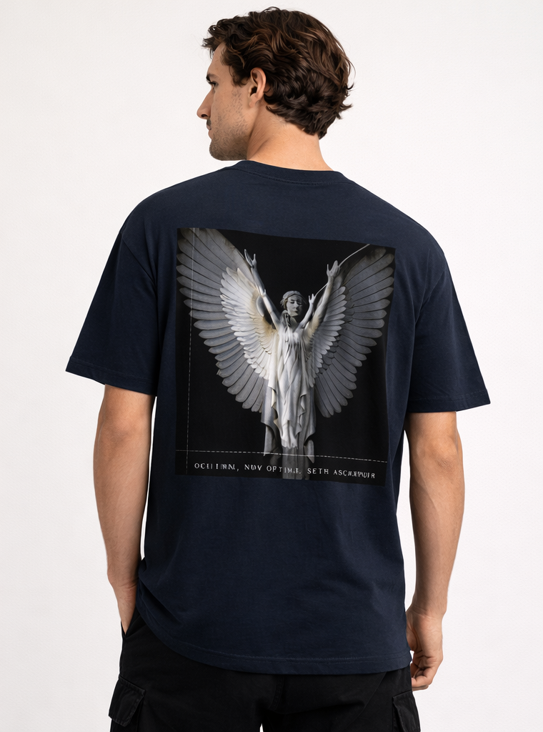 Navy Oversized Angel Back Print T-Shirt